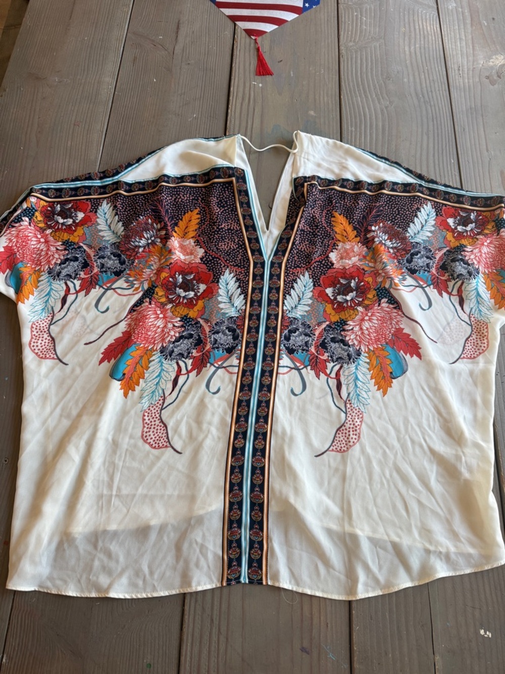 Rose & Olive Cream Boho Floral Split-Front Blouse